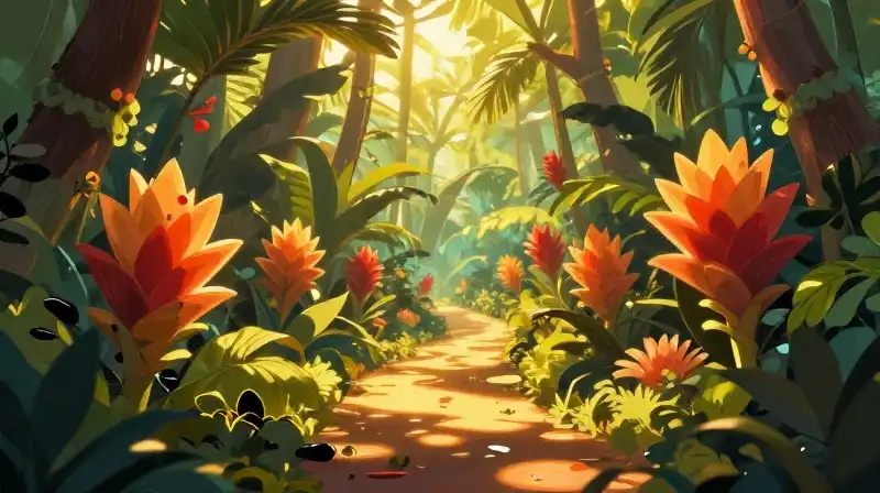 Golden light bathes vibrant tropical flowers on a lush rainforest path