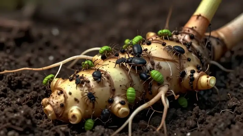 Green and black aphids tangle around damaged roots in dark soil