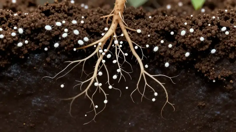 White aphids swarm damaged roots in dark, earthy soil