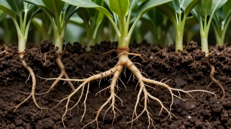 A tiny aphid rests on vibrant plant roots within dark, moist soil