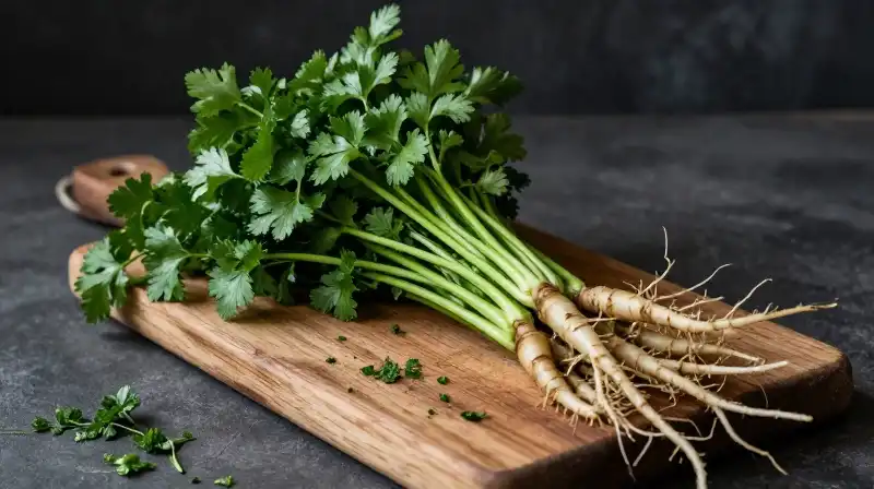 Fresh parsley and roots rest on a rustic wooden board, dramatically lit