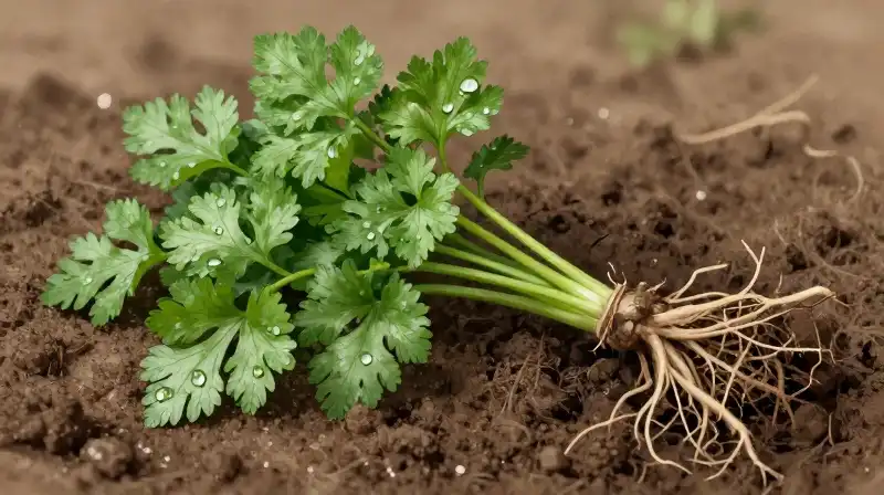 Bright green parsley sits in damp brown earth, covered in glistening water drops