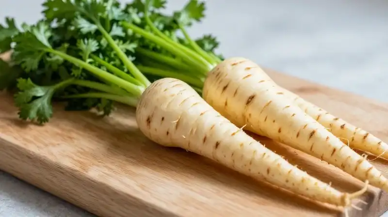 Green, feathery parsley and creamy white parsnips rest on a rustic board