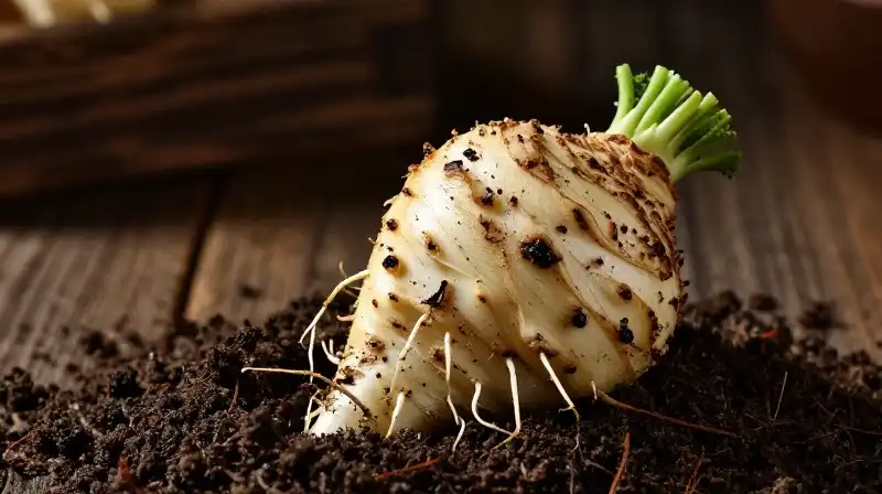 A rich parsley tuber sits in dark soil on rustic wood