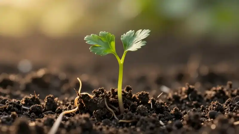 A vibrant green parsley sprout emerges from rich, golden dark soil