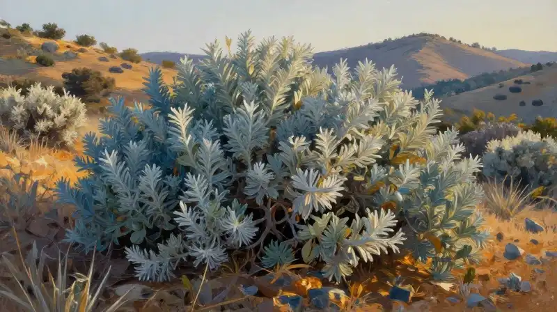 Golden hour bathes silver shrubs on a Mediterranean hillside