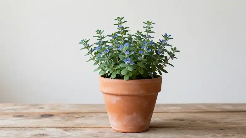 Blue rosemary in terracotta rests on a rustic wooden table