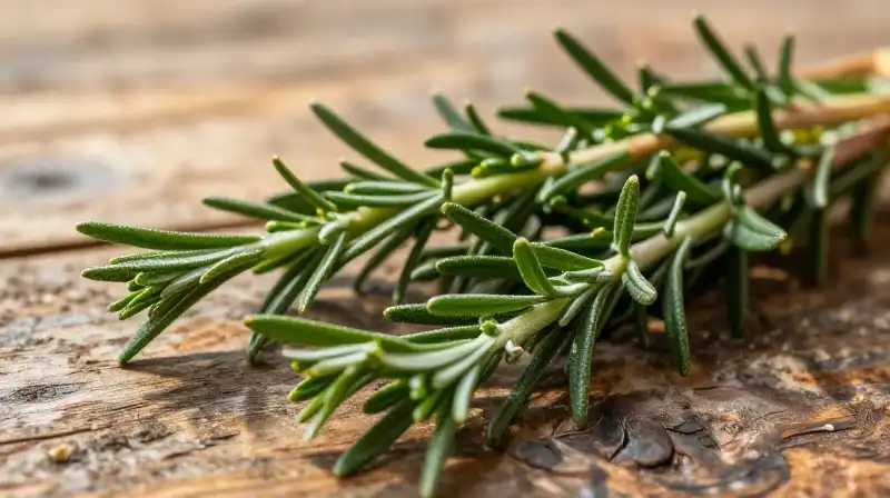 Vivid blue rosemary sprigs rest on rustic wood in golden light