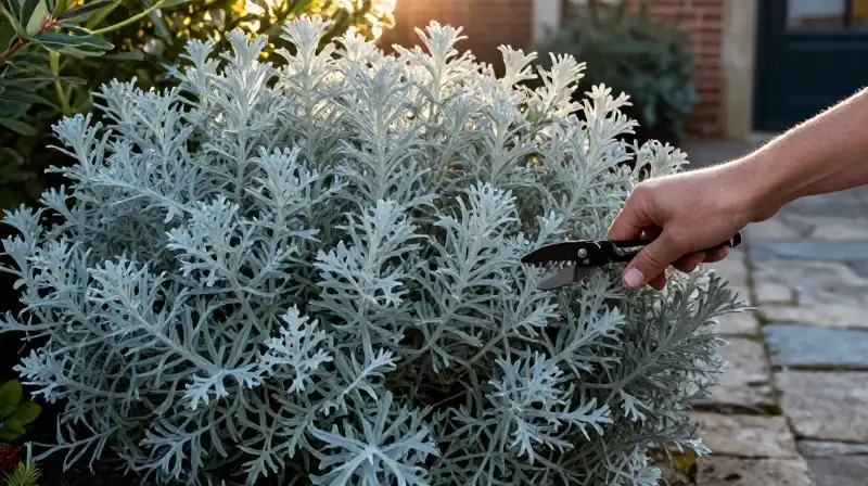A hand prunes silver rosemary in a dramatic, golden Tuscan courtyard