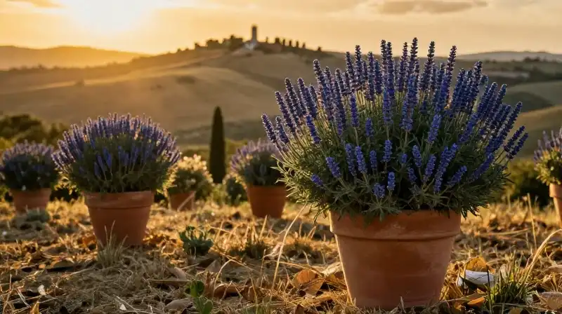 Blue shrub in rich terracotta, glowing under Tuscan golden hour