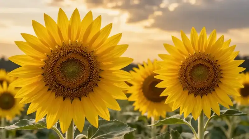 A detailed yellow sunflower glows dramatically under golden hour light