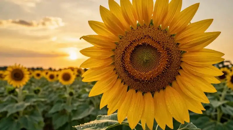 A giant golden mammoth sunflower with heavy dew in a lush field