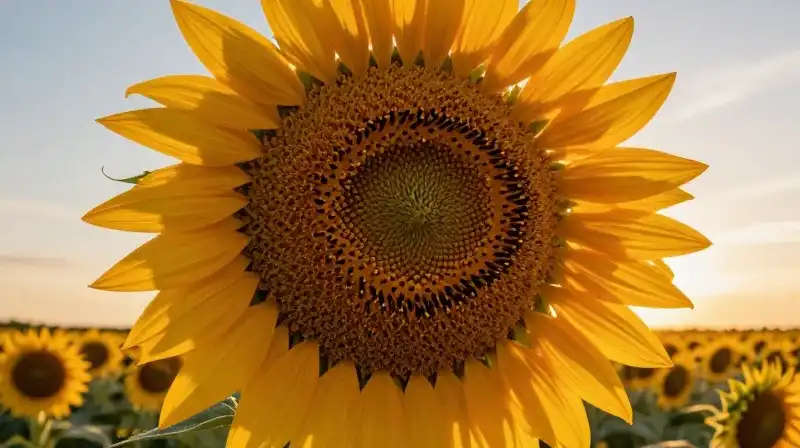 A massive sunflower dominates a golden steppe field under dramatic sunset