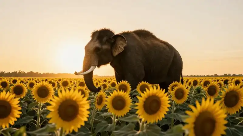 Giant bright sunflowers in a wide, golden field at sunset