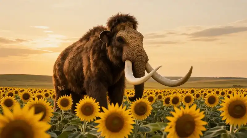 A massive mammoth with huge tusks stands in a golden field of giant sunflowers