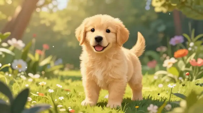 A golden retriever puppy rests in a vibrant, glowing garden