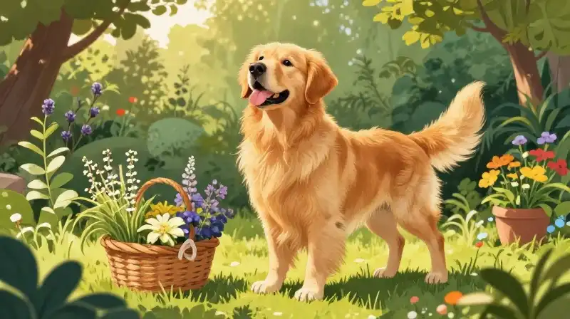 A triumphant golden retriever stands among vibrant garden herbs
