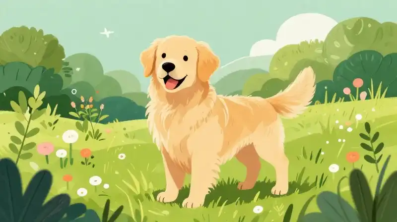Happy golden retriever sits amidst vibrant, whimsical green garden plants