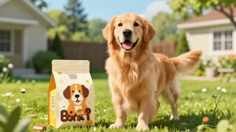 A happy golden retriever smiles in a bright, whimsical green yard