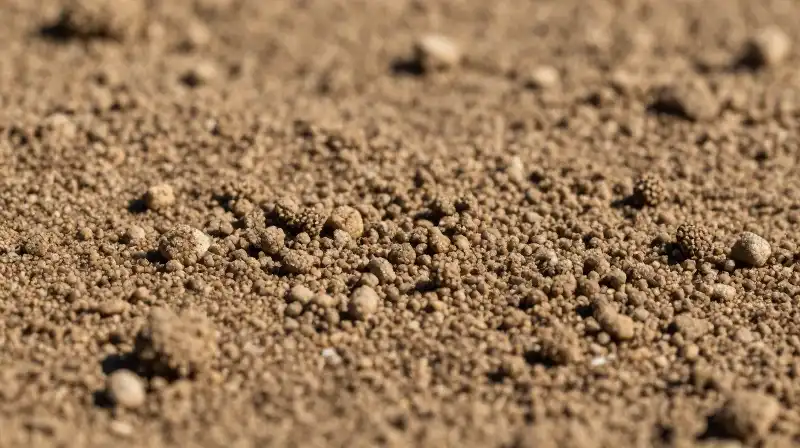 Granular sandy earth is sharply defined by dramatic side lighting