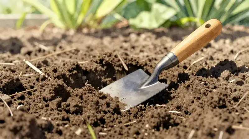 Delicate trowel rests in warm, sun-drenched sandy soil