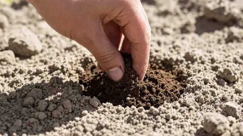 A hand adds dark compost to pale, textured soil in a sunlit garden plot
