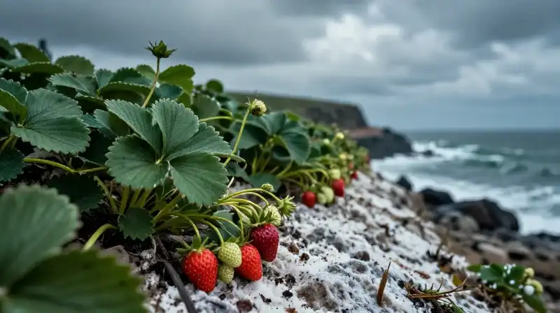 Lush strawberry plants cling to a dramatic, rugged coastal cliff