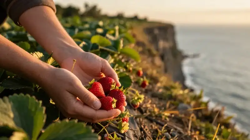 Hands gently assess vibrant berries on a golden cliff edge