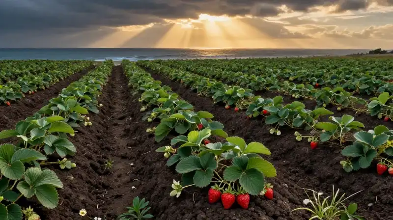 Golden rays illuminate a detailed strawberry patch by the coast