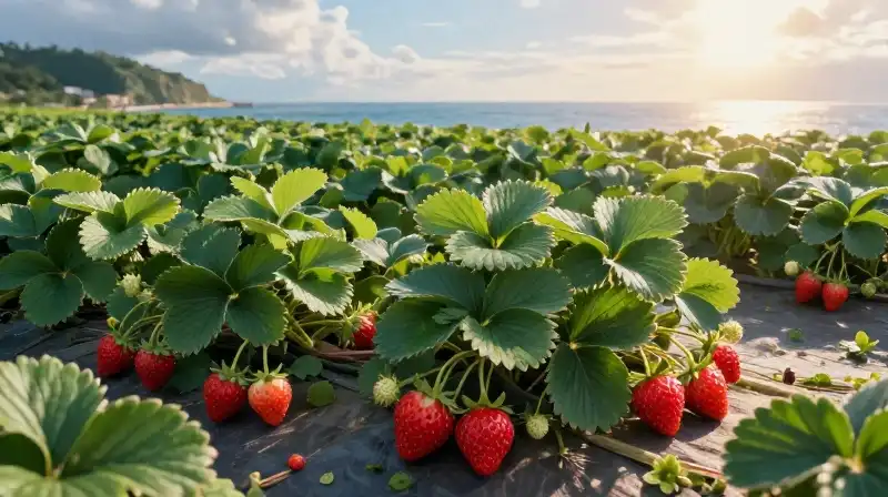 Lush red strawberries bathed in dramatic morning seaside sunlight