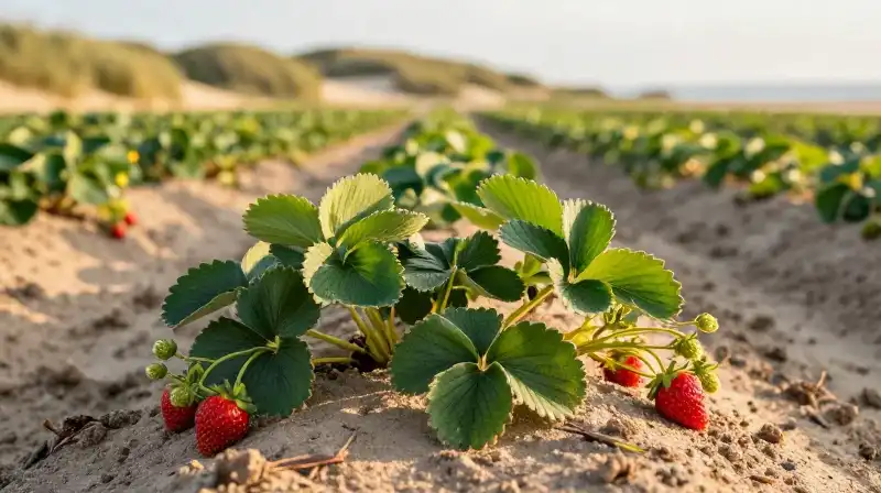Vibrant strawberry rows grow across golden sand near coastal dunes