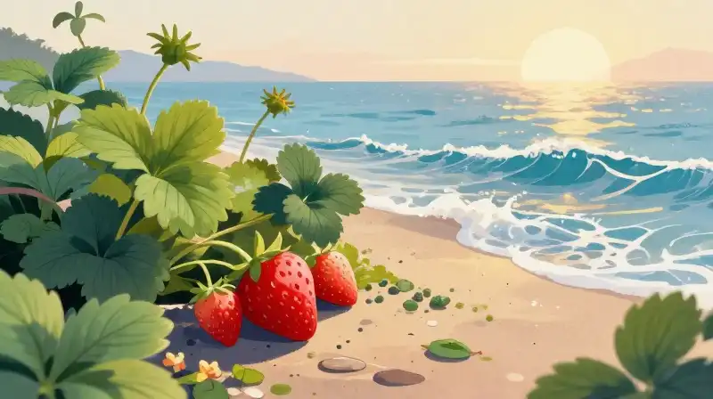 Bright strawberries meet gentle blue waves under warm golden light