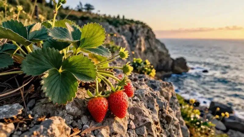 Golden light illuminates strawberries growing on a rugged coastal cliff