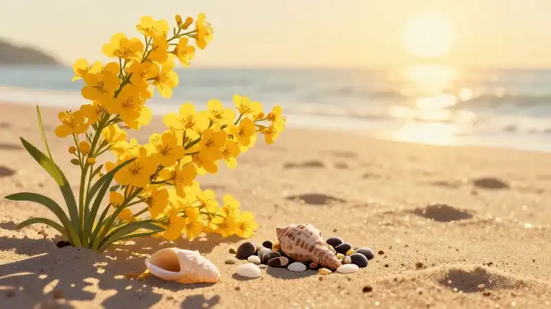 Goldenrod flowers and a seashell seed rest on the beach at sunset