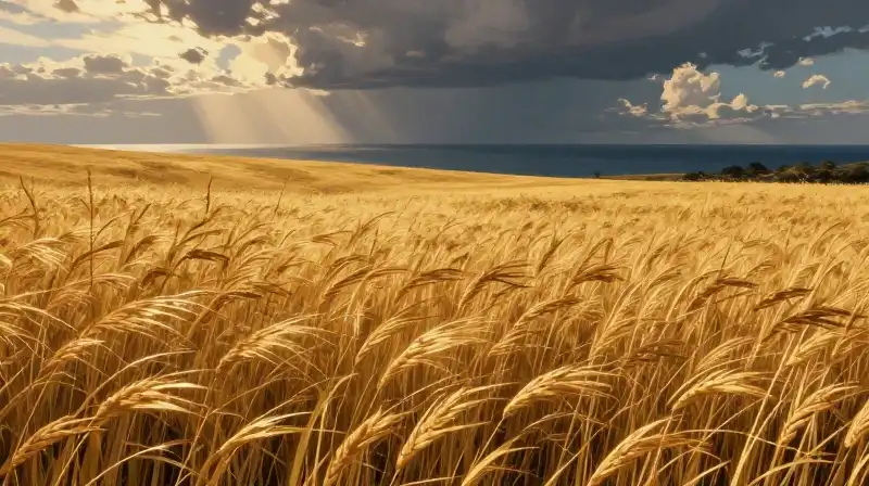 A glowing goldenrod field meets a dramatic shoreline at sunset
