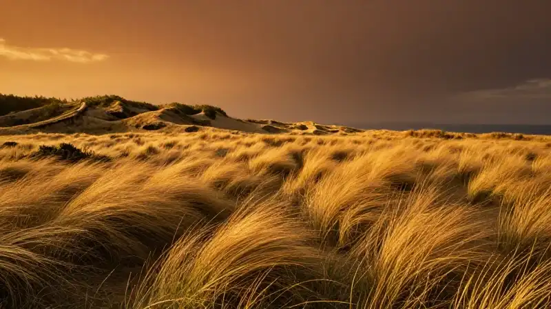 Goldenrod sweeps through coastal dunes under a dramatic amber sunset