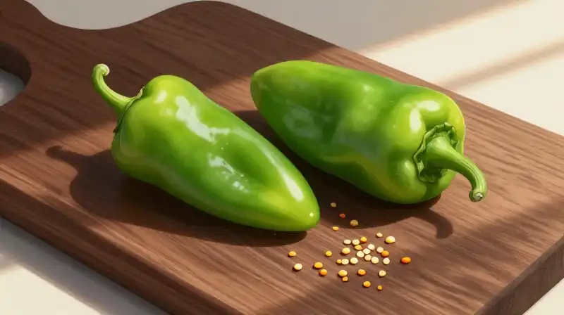 Vivid serrano peppers and vibrant seeds rest on dark wood
