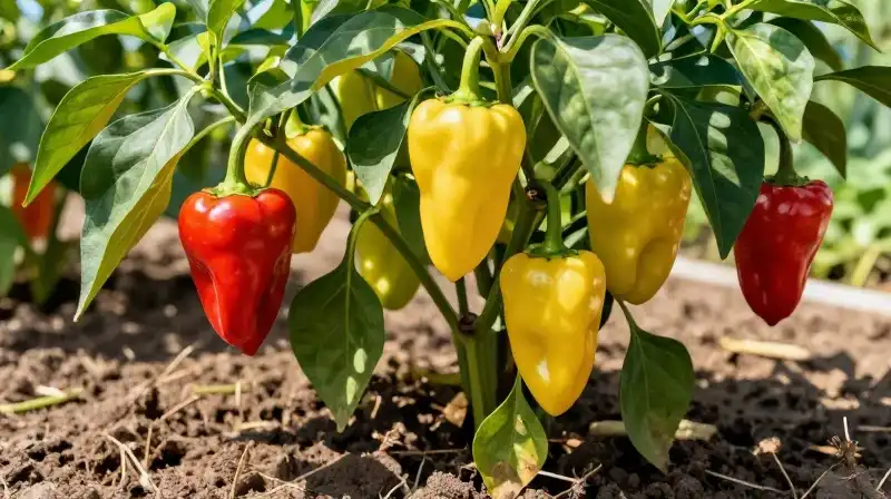 A vibrant pepper plant with red and yellow fruit thrives in the sunlit garden