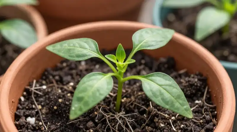 Vibrant pepper seedling thrives in a small terracotta pot