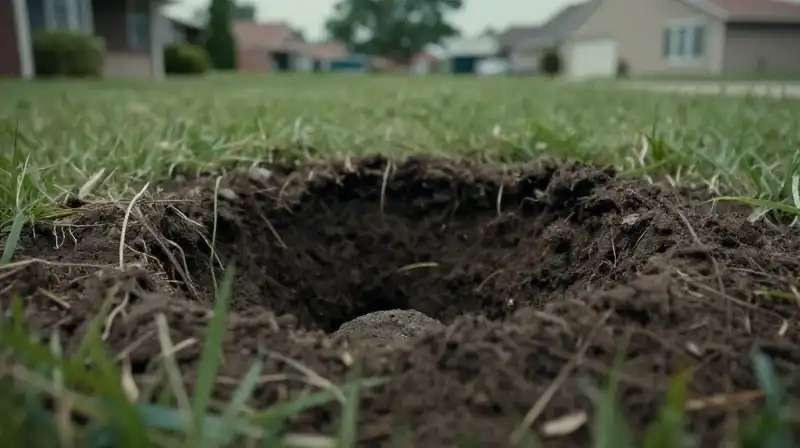 Intricate vole burrows puncture the gnawed suburban turf
