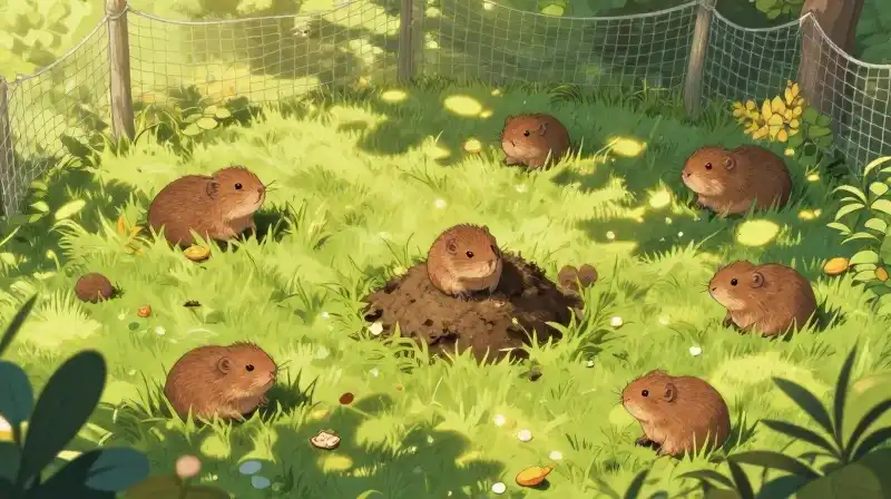 Whimsical brown voles scamper under sunny garden netting