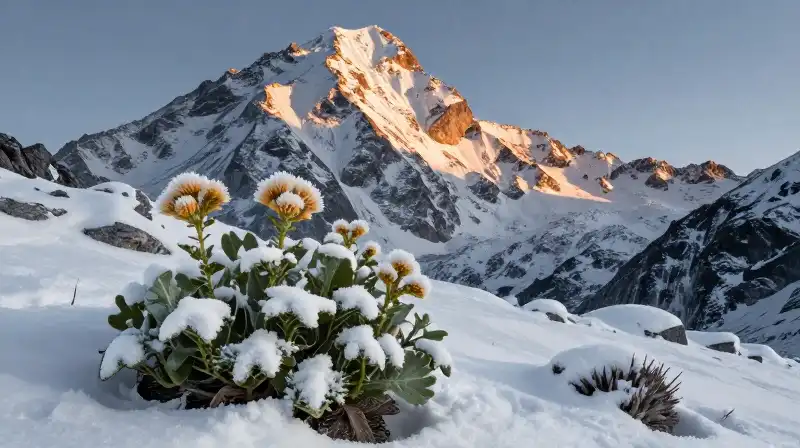 Illustrated alpine flora thrives on rugged, sunlit, snow-dusted peaks