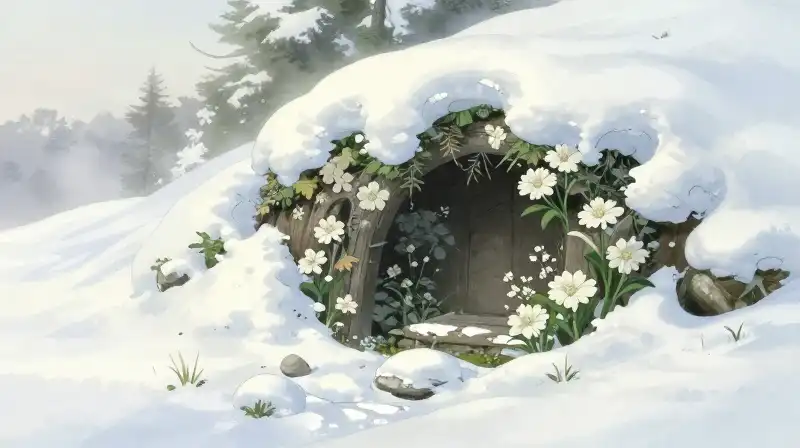 Delicate white flowers bloom in a soft, misty snowy garden niche
