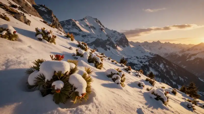 Snow-dusted alpine flora glows in dramatic golden light on a rugged slope