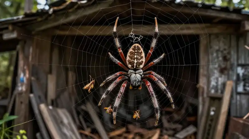 A large spider dominates a cluttered, dramatically lit rustic shed