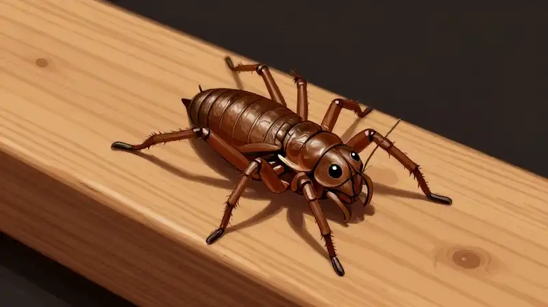 A detailed brown cricket rests dramatically upon a wooden skirting board