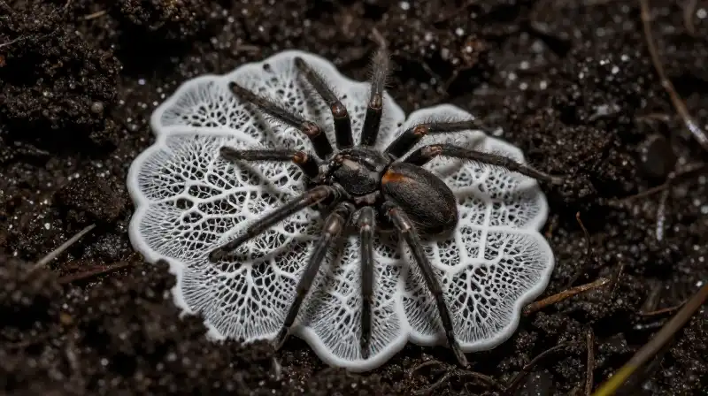 A white fungal network spreads across dark, damp earth under dramatic shadows