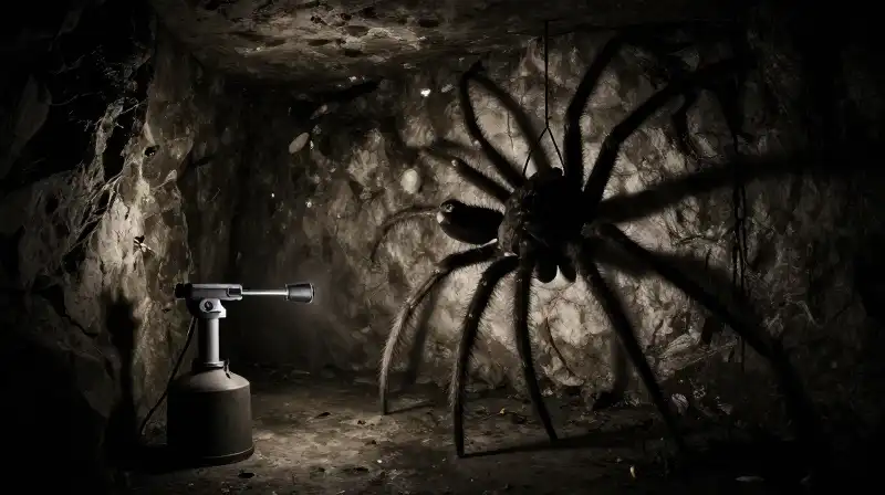 A skeletal spider silhouette and glowing cricket in a damp cellar