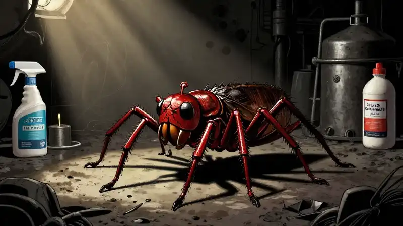 Giant oversized spiders loom amidst industrial cleaning supplies