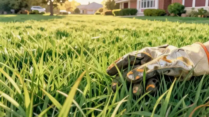 Close-up of grass blades and gloves under golden sunlight